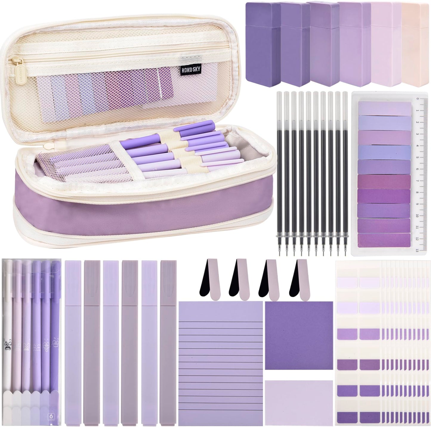 ChezAbbey 47Pcs Aesthetic School Supplies with Pencil Pouch - Cute College Essentials Set, Big Capacity Pen Case, Pastel Highlighters, Bible Study Journaling Stationary Kit (Purple)