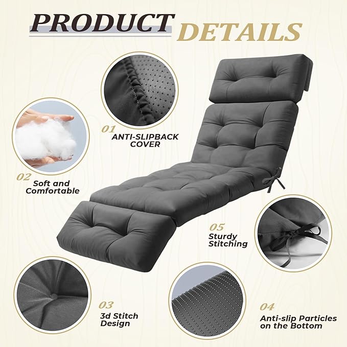 Outdoor Chaise Lounge Cushion, Waterproof 74.4x22x4.7 Inch Thick Cotton Filled