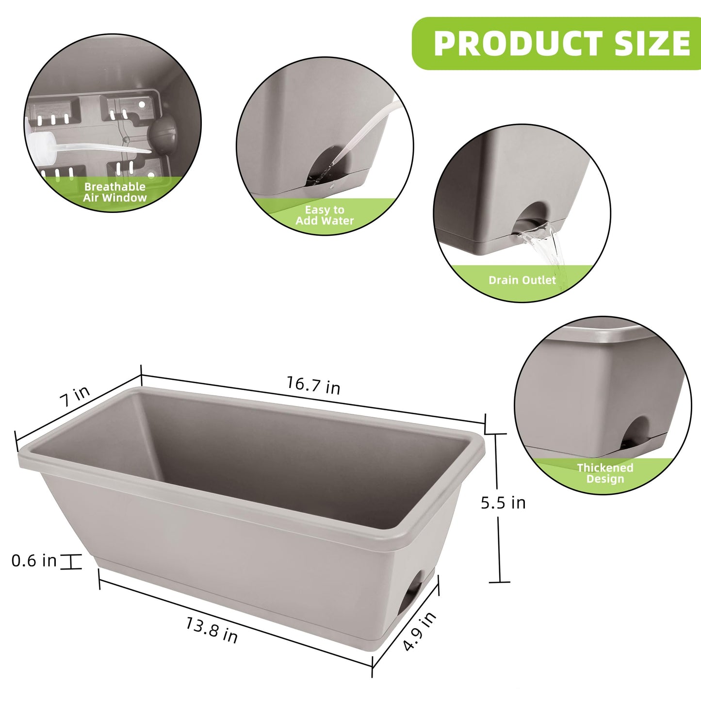 LOCONHA Window Box Planter, Plastic Vegetable Flower Planters Boxes 17 Inches Rectangular Flower Pots with Saucers for Indoor Outdoor Garden, Patio, Home Decor (12, French Grey)