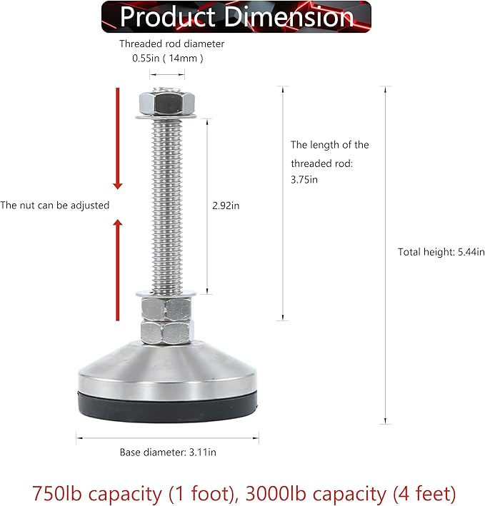 Heavy Duty 3000 lb Capacity Stainless Steel Adjustable Leveling Feet