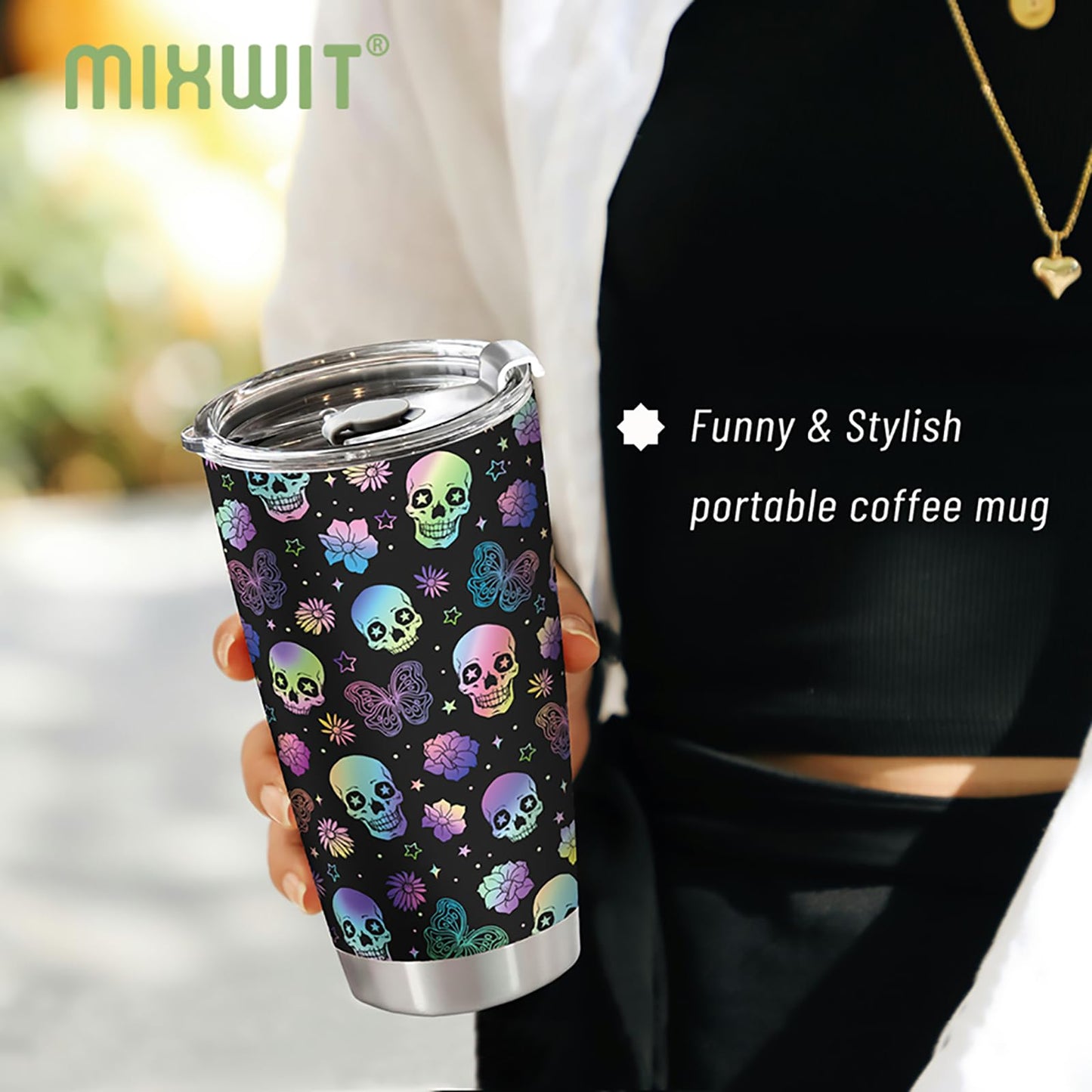 MIXWIT 20oz Rainbow Skull Stainless Steel Insulated Tumbler with Lid Colorful Floral & Butterflies Gothic Punk Style Coffee Travel Mug Cup Birthday Halloween Christmas Skull Gifts for Women