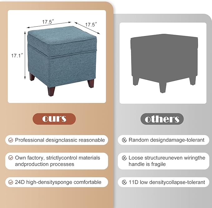 Adeco 17" Square Ottoman with Storage, Small Blue Storage Ottoman Foot Rest