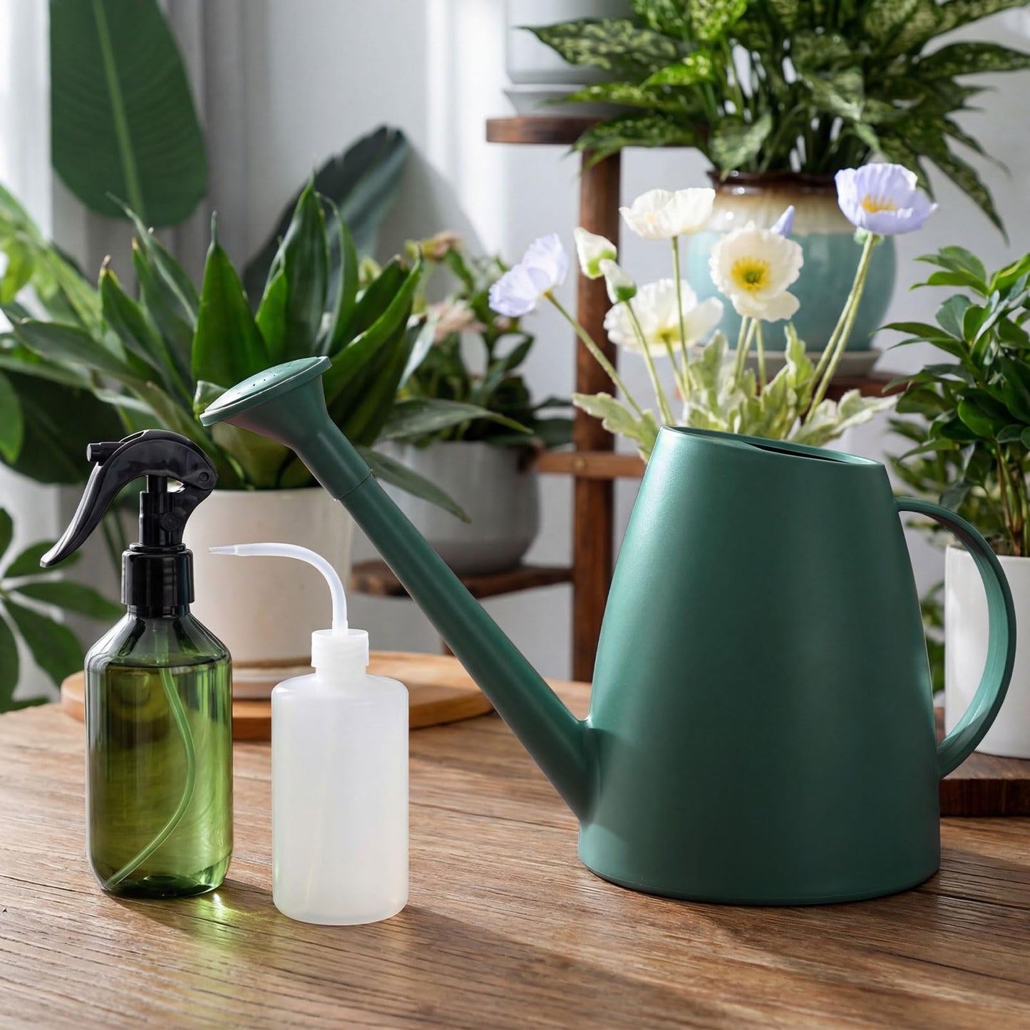 Reallnaive 6 Pcs Indoor Watering Can Set 1/2 Gallon Can 6.8 oz Spray Bottle 17 oz Squeeze Bottle Plant Watering Globes Soil Moisture Meter Small Spraying Set for Indoor Outdoor Plants (Dark Green)