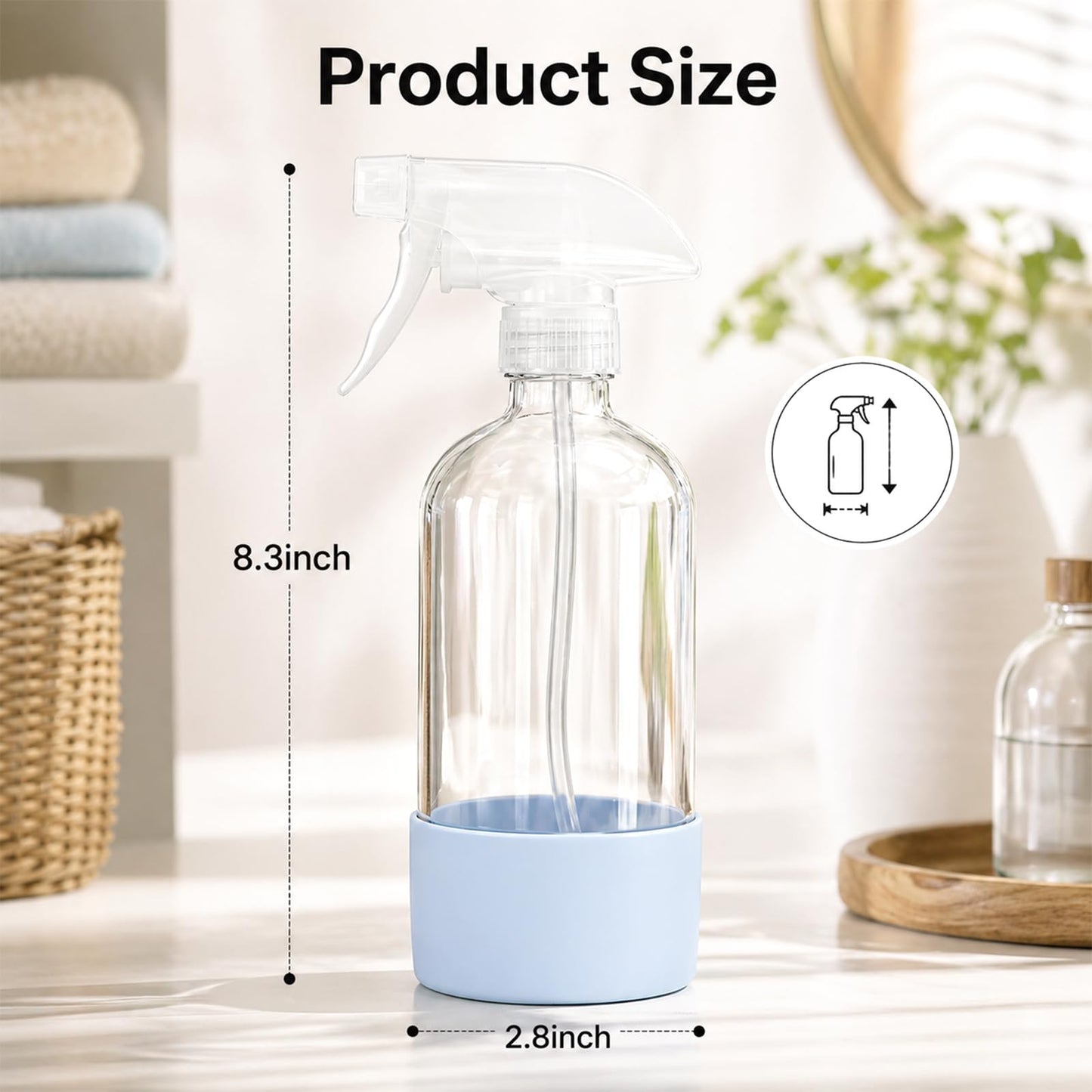 CHEODIN 360° Glass Spray Bottles 16 oz for Hair Cleaning with Silicone Sleeve, 2 Pack Amber Refillable Containers with Adjustable Spray Nozzles, Empty Spray Bottles for Plant, Clear