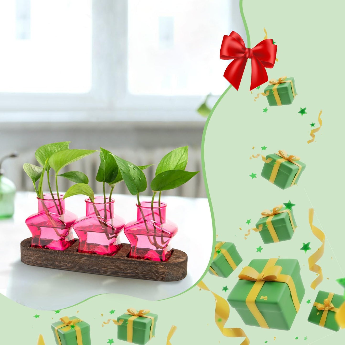 XXXFLOWER Plant Propagation Station with Wooden Stand，Air Plant Terrarium Starter Kits Star Vases for Flowers Plant Cutting Rooting Pots Indoor Hydroponic Glass Planter for Plant Lovers,3 Jars(Pink)