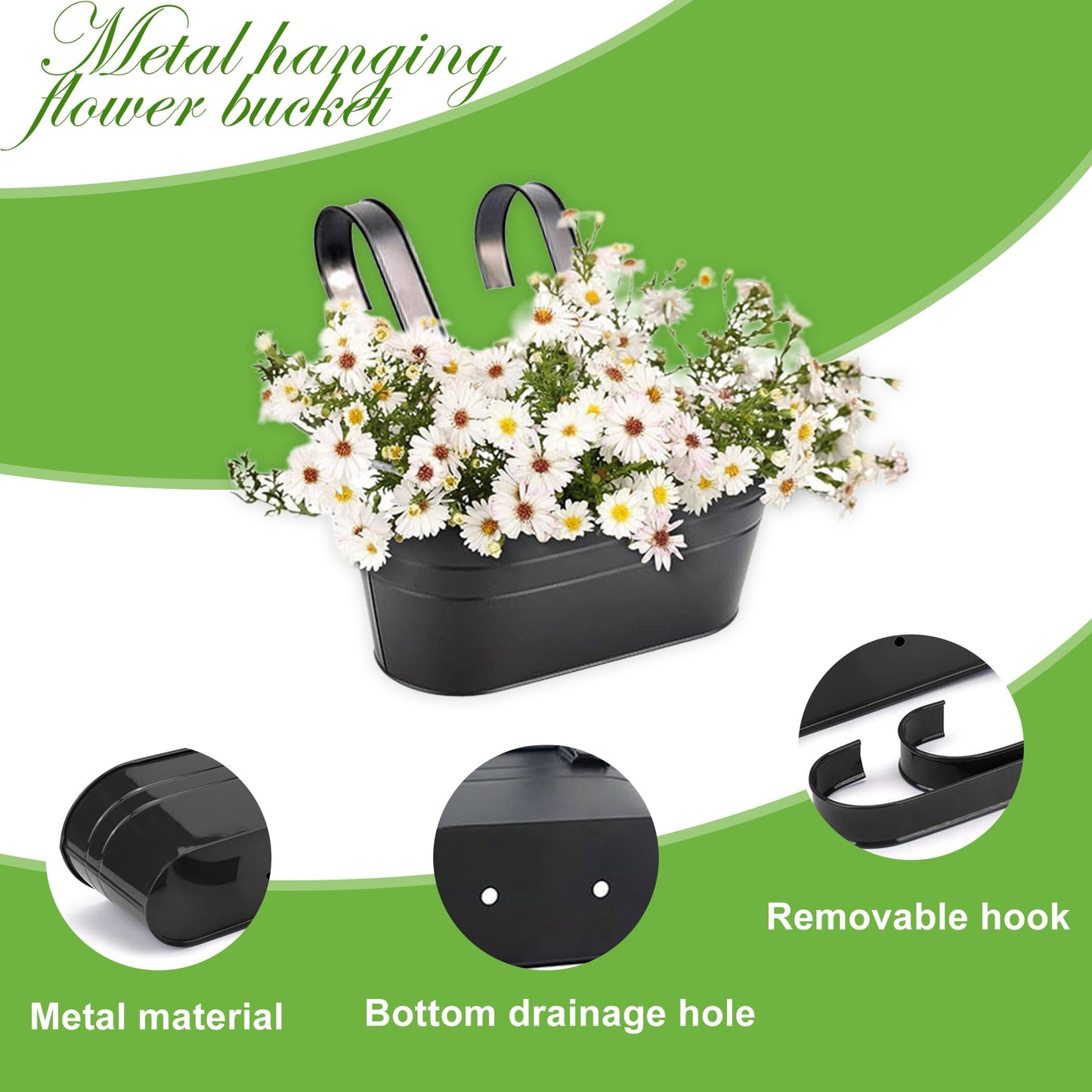 GYATSOCYG 10.6" Oval Iron Hanging Flower Pots - Rust-Resistant Metal Planters with Detachable Hooks for Garden, Yard & Home Decor (Black，5 PCS)
