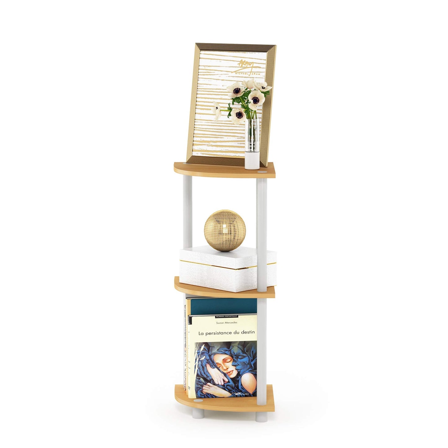 Furinno TURN-N-TUBE Corner Shelf, 3-Tier Corner Bookshelf, Display Storage Shelves with Open Shelves, for Organization and Storage, Living Room, Home Office, Garage, Beech
