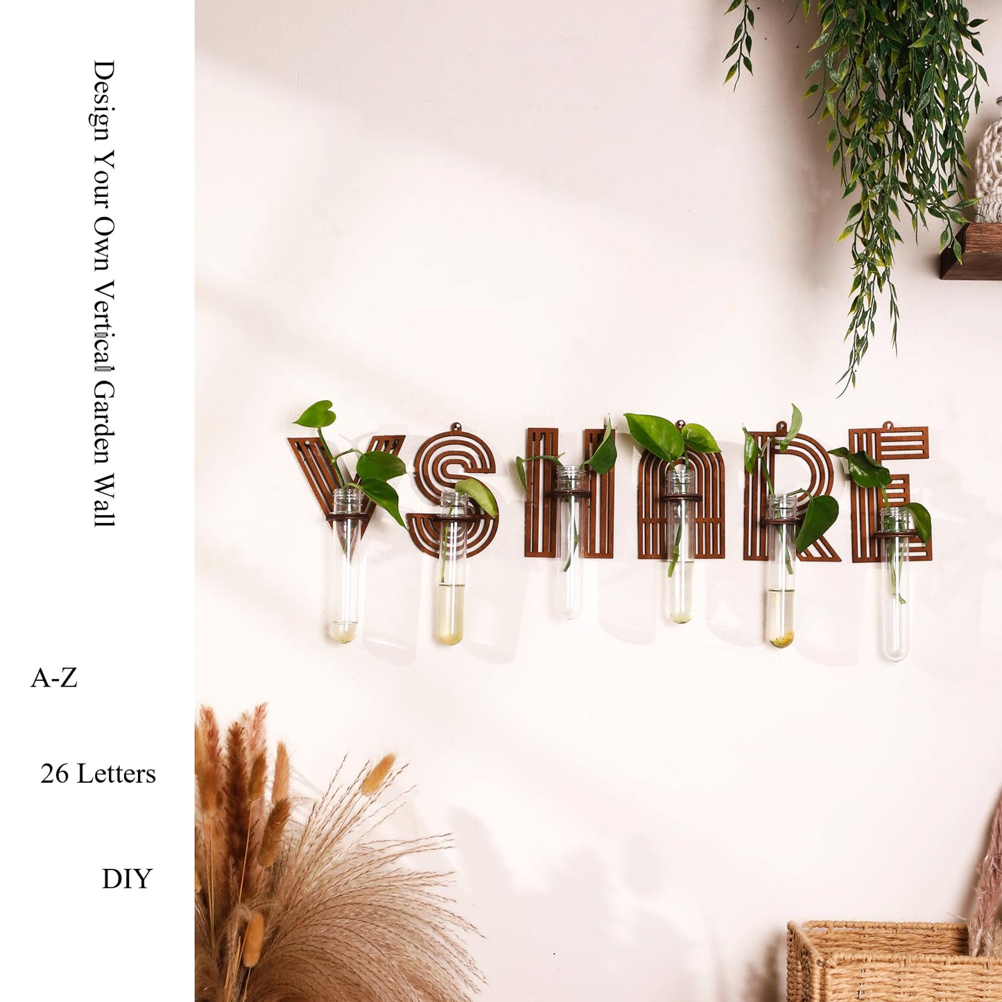 5 Pack Letter Wall Propagation Planters Test Tubes Wall Decor for Hanging Plants Clear Water Plant Vase Brown Wood Upletter Alphabet Functional Art Boho Set Dream