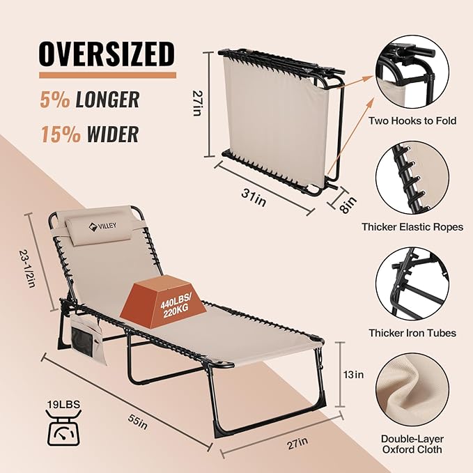 VILLEY Oversized Chaise Lounge Chair, Heavy-Duty Folding Outdoor Lounge Chair