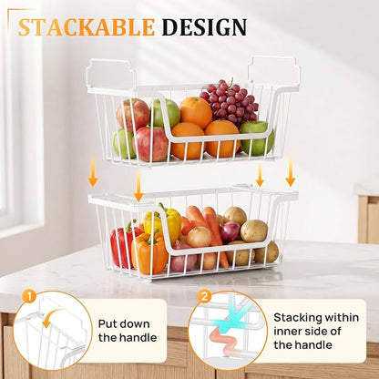 SUNALLY Stackable Storage Bins 6 Pcs Wire Baskets for Pantry Organizers and Storage, Vegetable Fruit Storage Basket for Countertop Organizer,Kitchen Storage Baskets for Onion Potato Snack,White
