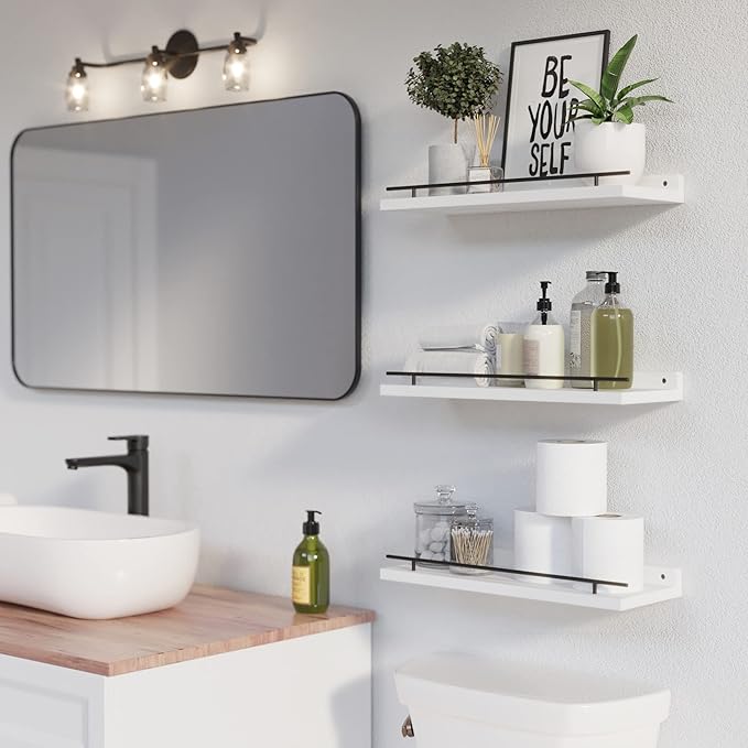 WOPITUES Floating Shelves with Black Metal Guardrail, Shelves