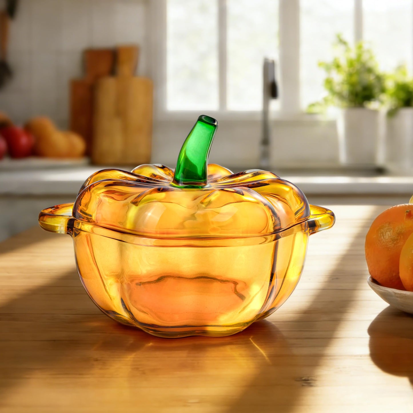 QIANCHANG Glass Pumpkin Bowl with Lid, Food Storage Jar for Candy Cookies Biscuit, Thanksgiving Fall Decorative Bowl for Pumpkin Puree, Wet Food & Pet Treats