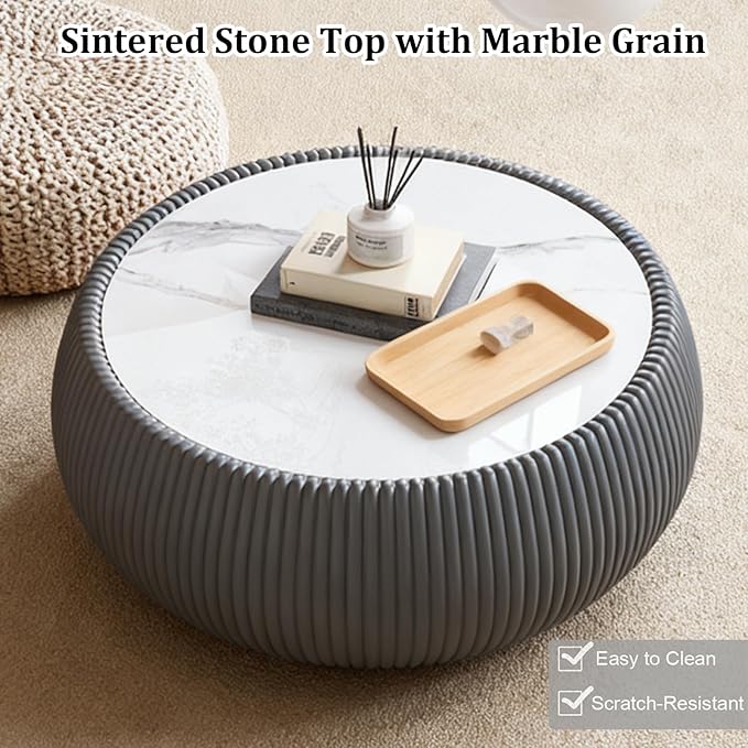 SSLine Round Drum Coffee Table Modern Sintered Stone Top Coffee Table in Grey