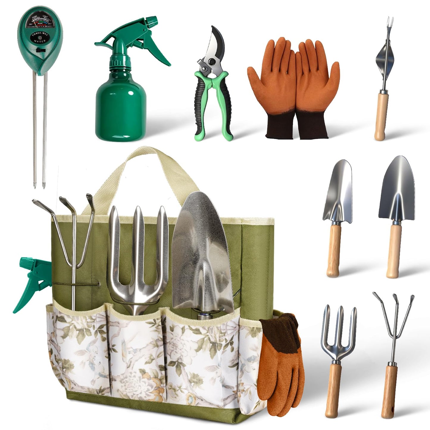 10-Piece Premium Gardening Tool Set—Includes A Moisture Meter, Heavy-Duty Rust-Resistant Stainless Steel Tools with A Storage Carry Bag. The Perfect Gardening Gift for Both Men and Women (Green)