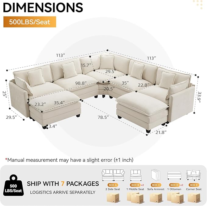 113'' V Shaped Cloud Sectional Sofa, Oversized Deep Seat Couches