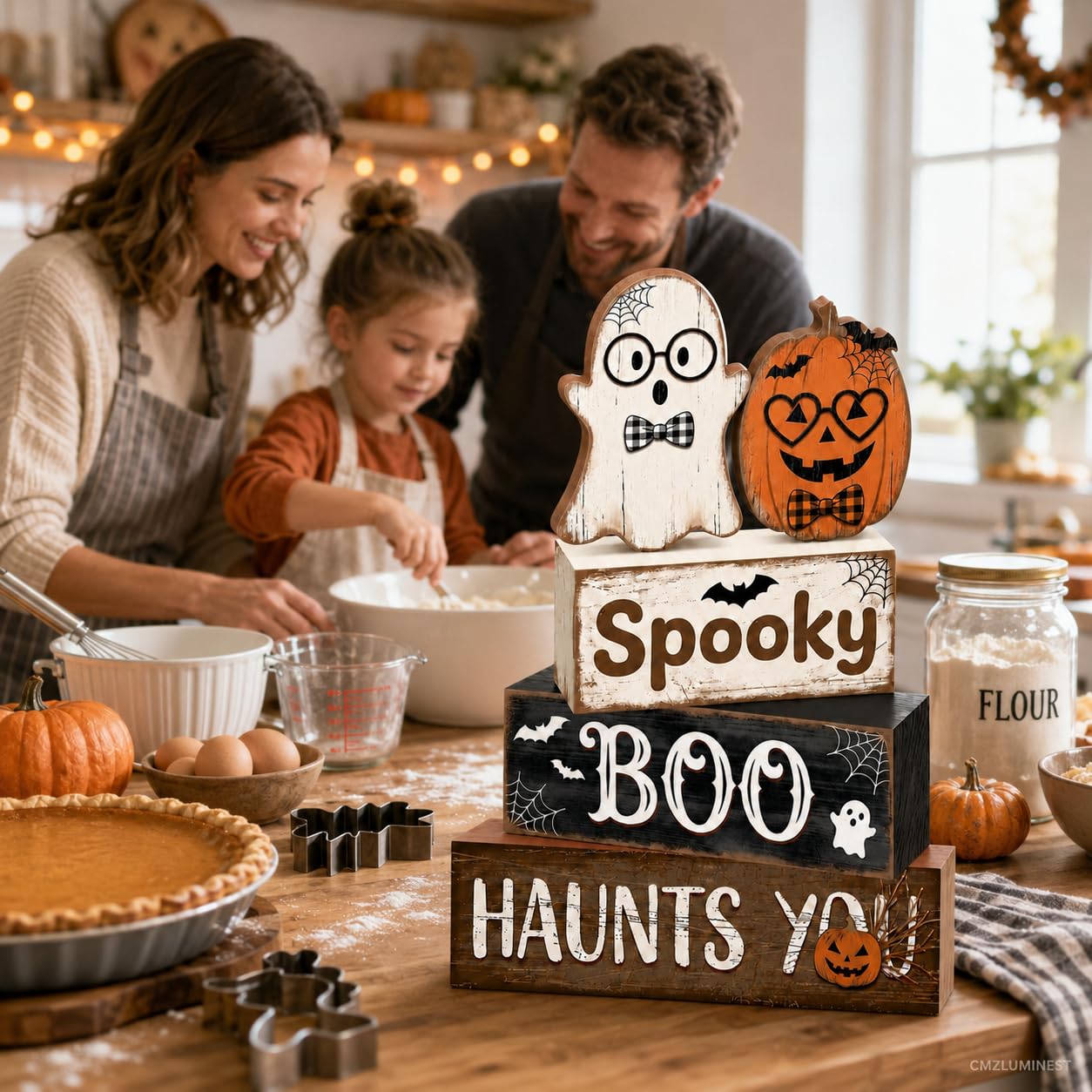 4 Pcs Halloween Decorations, Wooden Ghost and Pumpkin Block Signs Featuring Glasses Design, Farmhouse Cute Halloween Tiered Tray Decor, Spooky Boo Haunts You Table Centerpiece for Home Office Mantel Kitchen Shelf