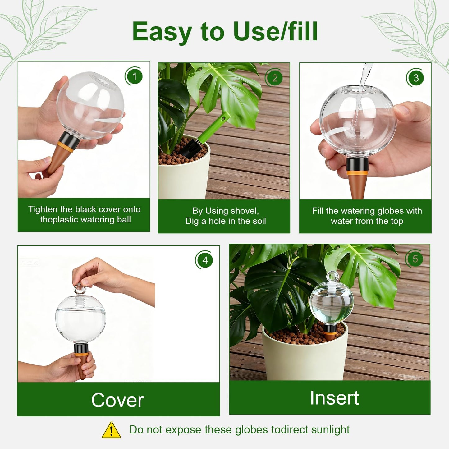 HSHATJSJSY 2 Pcs Plant Self Watering Globes with Covers，Self Watering Planter Insert,Automatic Plant Waterer Indoor ，17.5 oz Watering Bulbs with Terracotta Watering Spikes with Shovel(clera)