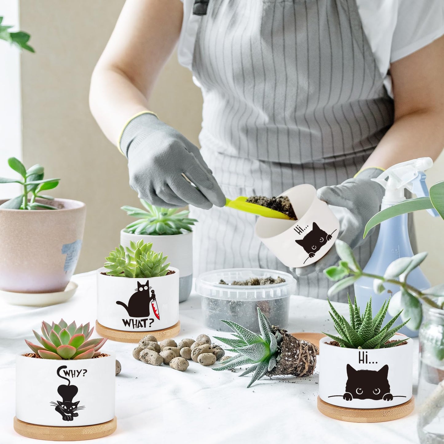 KONROOWEI 3 Pcs Cat Ceramic Plant Pots,Funny Cat Planter Gifts for Women,for Indoor Plants Garden Planters Succulent Pots, with Drainage Holes and Saucer(No Plants)