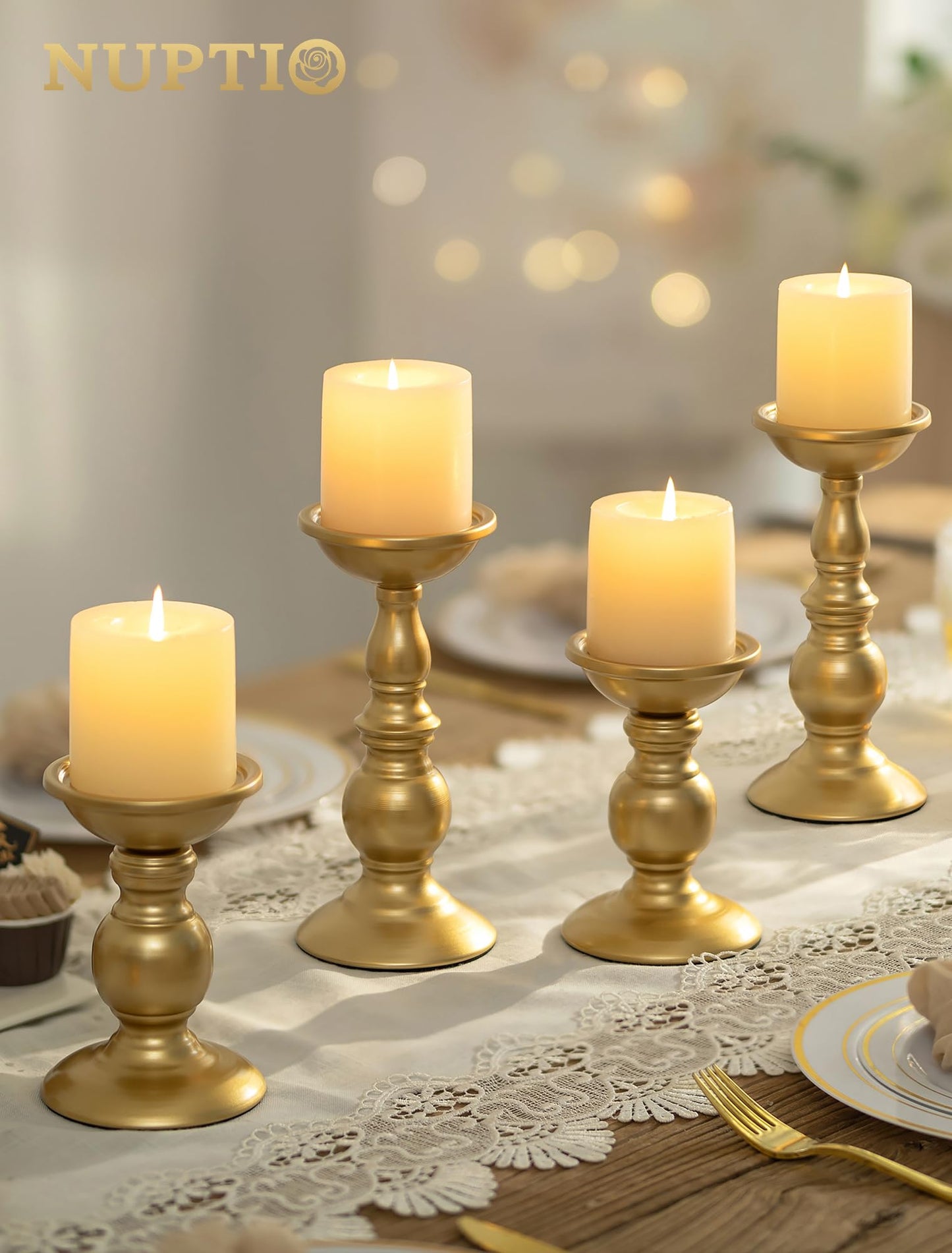 2 Pcs Gold Pillar Candle Holders, Gold Candlestick Most Ideal for 3" Pillar Candles, Gifts for Wedding, Party, Home, Spa, Reiki, Votive Candle (S + L)
