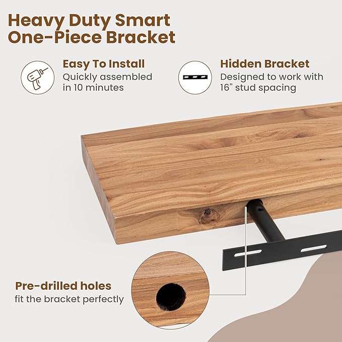 Floating Shelves for Wall Decor, Rustic Solid Elm Wood Live Edge Floating
