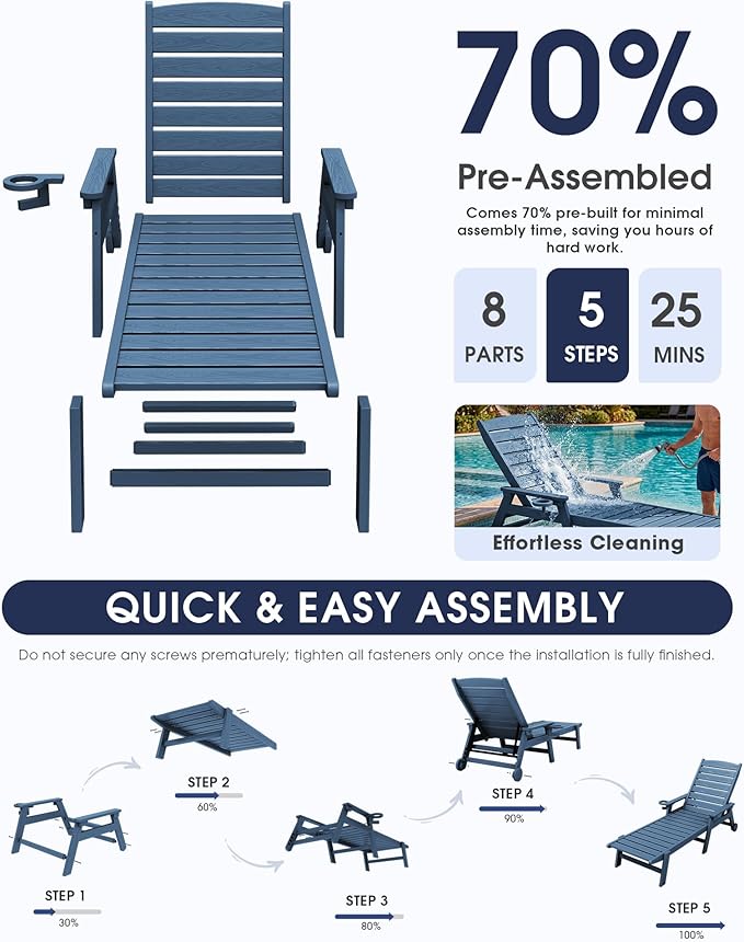 KINGYES HDPE Lounge Chair Outdoor, Patio Chaise Lounge Recliner