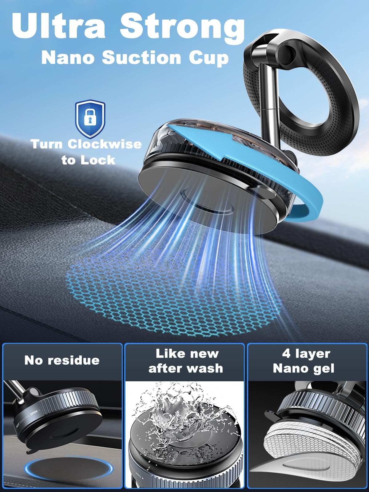 snanlen Upgraded 360° Nano Gel Vacuum Magnetic Phone Holder, 108+LBS Heavy Duty Suction Cup Phone Mount for Car Dashboard & Windshield, 3000gf MagSafe Compatible with iPhone 17/16 Pro Max