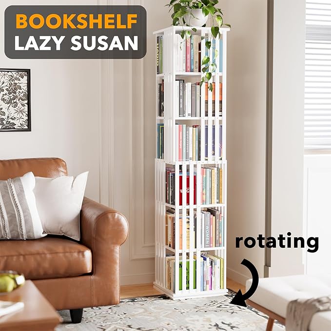 SpaceAid 6 Tier Rotating Bookshelf Tower, Bamboo Spinning Book Shelf, Revolving