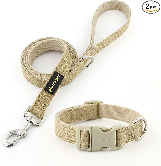 Plutus Pet Cotton Hemp Dog Collar and Leash Set, Adjustable Collar for Small, Medium, and Large Dogs, Heavy Duty and Soft on Skin, Khaki, L