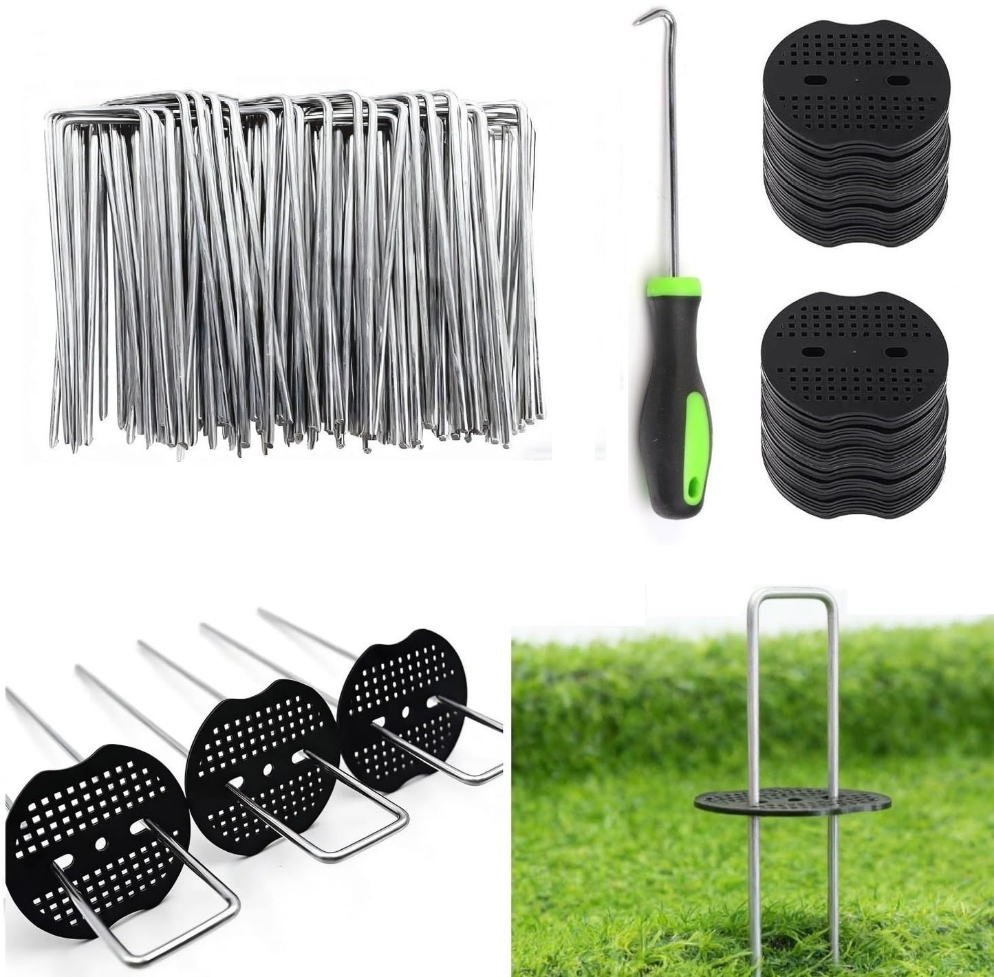 4 Inch 100 PCS Galvanized Landscape Staples with 100 PCS Gaskets, Landscape Fabric Pins Stakes Lawn Ground Cover Graden Staples Spikes Weed Barrier Stakes