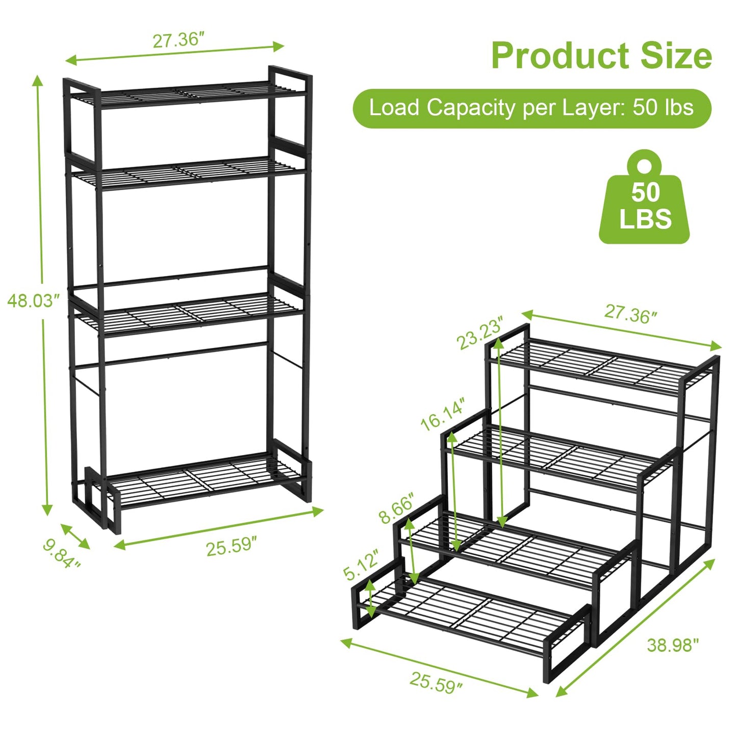 VyGrow Plant Stand, 4 Tier Widened Stackable Tiered Plant Stand, Upgraded Scalable Heavy Duty Tall Plant Shelf for Indoor Outdoor, Garden, Display Shelves, Flower Pot Holder, Black
