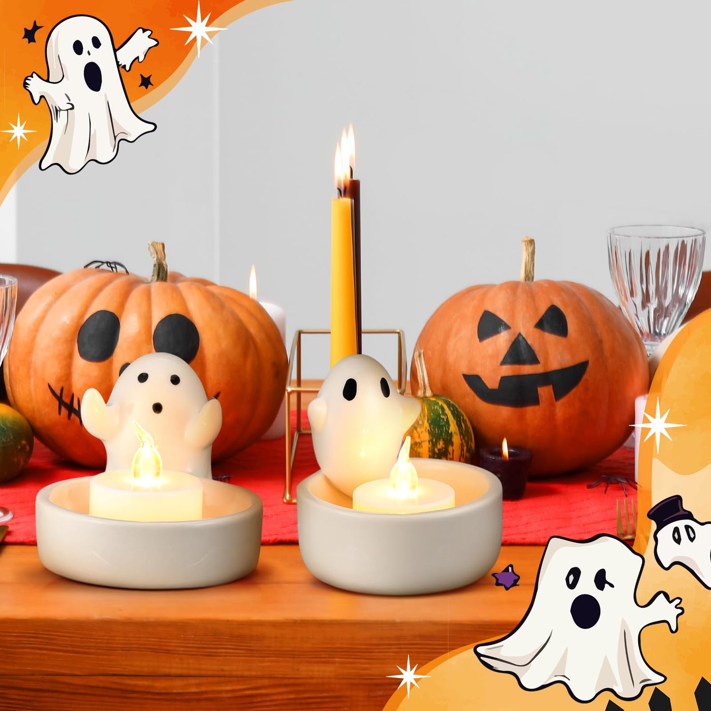 Teenyyou 2 Pack Halloween Ghost Candle Holder Cute Ceramic Ghost Tea Light Candle Holders Halloween Party Decor Favor, Home Table Centerpiece Small Holders for Tea Light