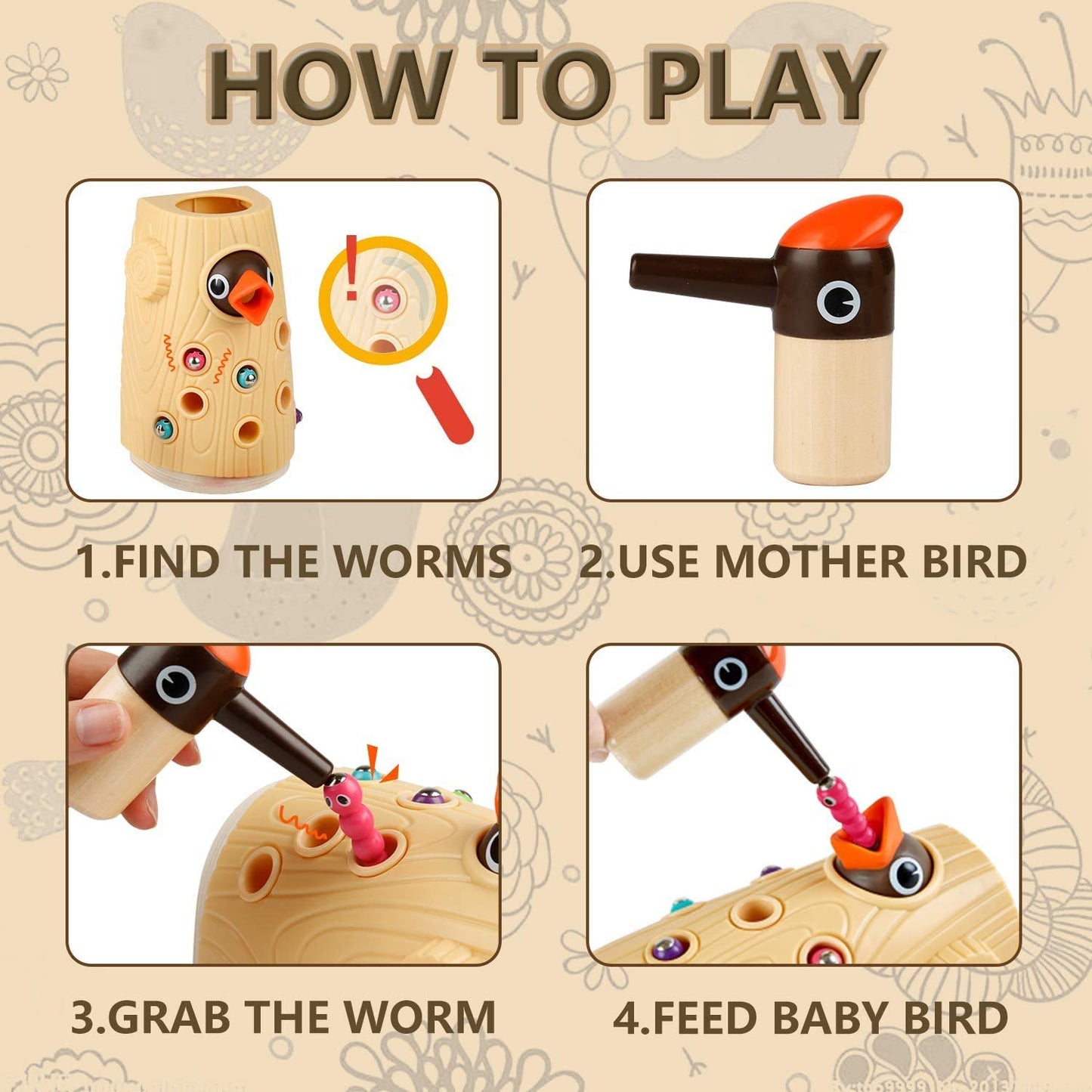 TOP BRIGHT Montessori Toys for 2 Year Old Girl Boy, Fine Motor Skills Toddler Sensory Toys Age 2-4, Woodpecker Worm Toy Magnetic Bird Feeding Game