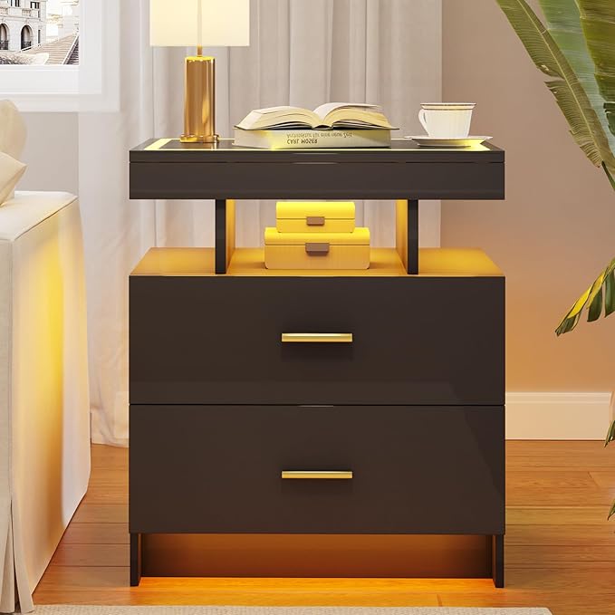 LED Nightstand with Wireless Charging Station, Glass Top Smart Bedside Table