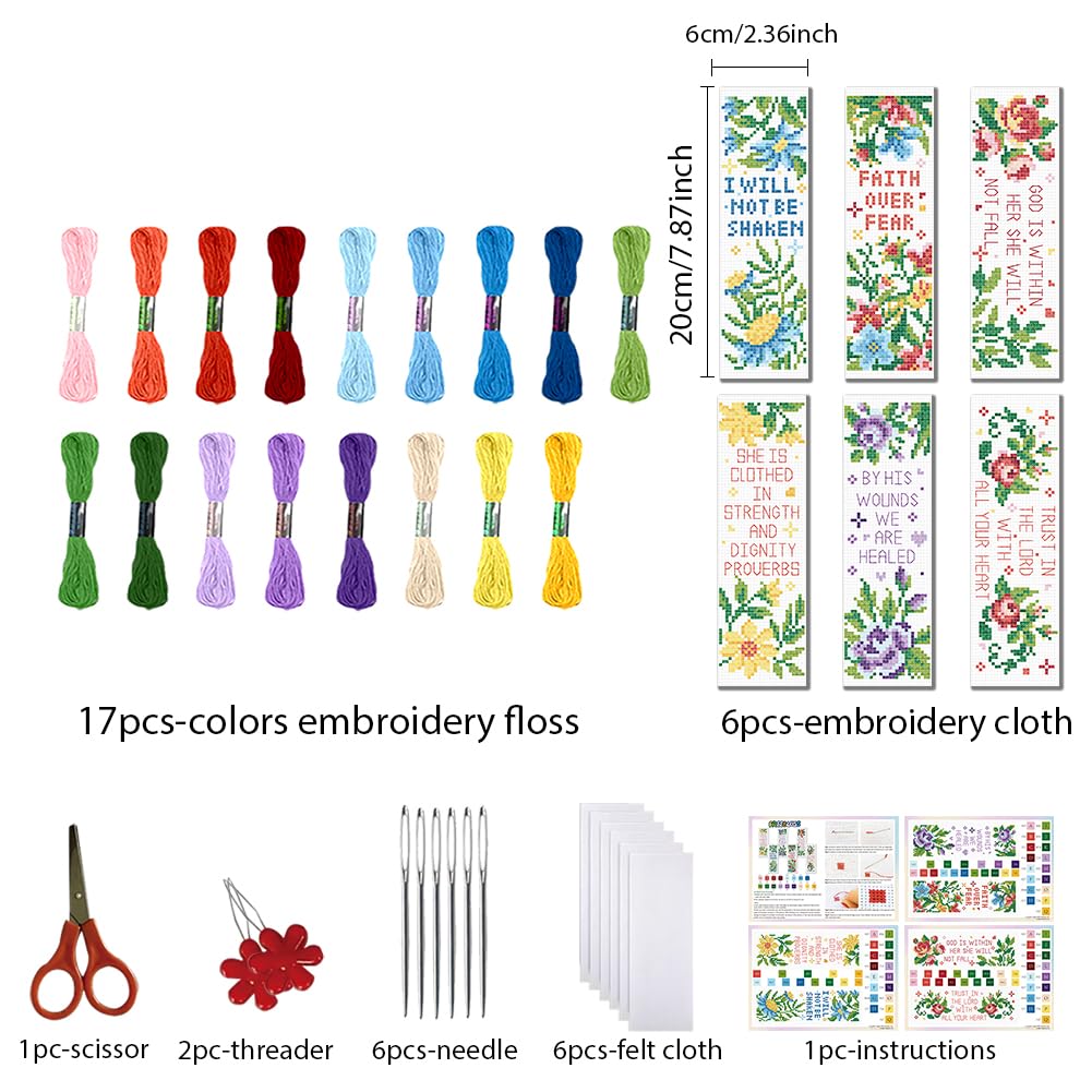 FREEBLOSS 6 Set Cross Stitch Bookmark Kits Stamped Embroidery Kit Bookmarks DIY Book Marks Printed Cross Stitch Kits with Instructions 8''x2.4'' Flowers Daisy Rose Lily