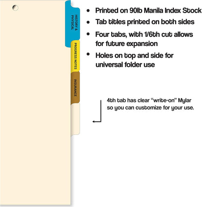 Doctor Stuff - Stock Medical Chart Dividers, 100 Sets of 4 Popular Healthcare Index Tabs, Side Tab, 9" x 11", File Folder Organizer for Nursing Patient Charts and Medical Records