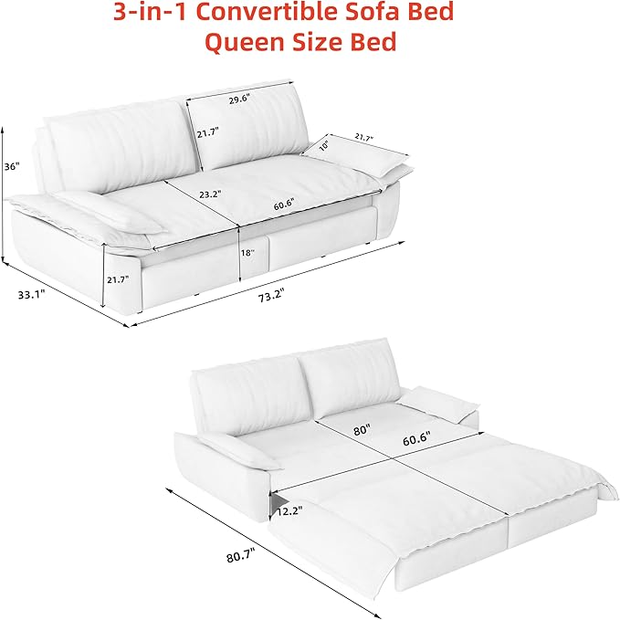 73.2" Sofa Bed Queen, 3-in-1 Pull Out Sofa Bed