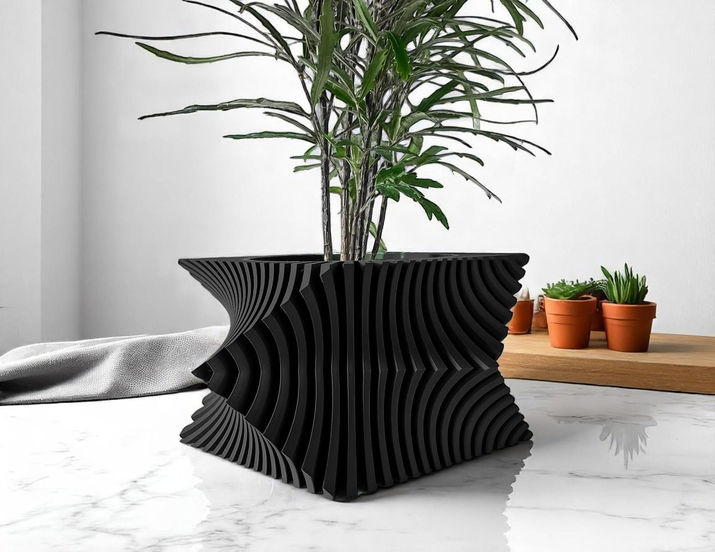Aeon Twist Modern Planter – Black Sculptural Plant Pot for Indoor Decor Geometric Design with Drainage – Unique Home Accent for Living Room, Office, or Shelf (Black, Compact Structure: 6" x 4" WH)
