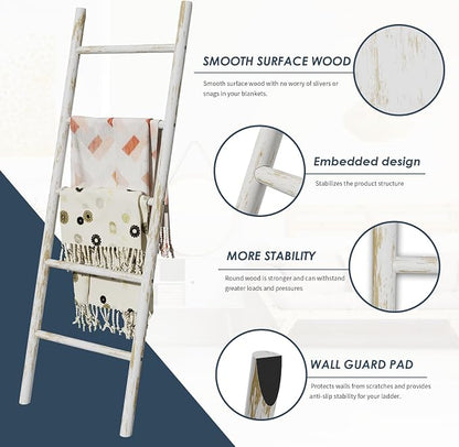 Delywh Wooden Blanket Ladder, 4.8ft Throw Blanket Holder for Living Room, Bedroom, Rustic Decorative Quilt Towel Rack Stand Ladders, Farmhouse Wood Ladder Home Decor for Blankets Display
