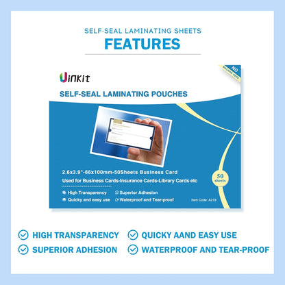 Uinkit 10 Mil 50 Pack Self Sealing Laminating Pouches, Laminate Plastic Sheets for 2.6 x 3.9-Inches Bussinesss Card Size Papers, Use in Office School Home Supplies, Glossy Finish, No Laminator Need