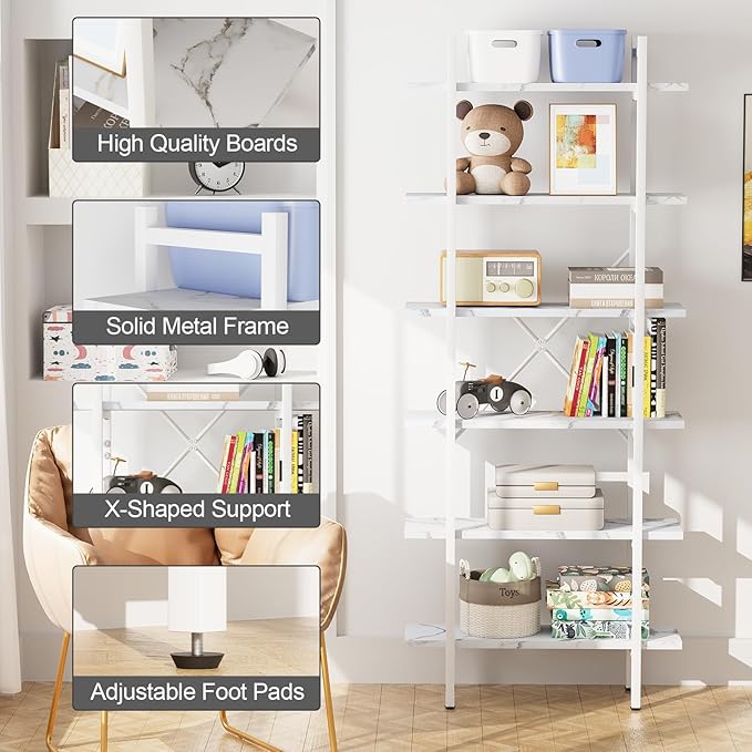 Bookshelf 6 Tiers White Wooden Storage Shelf, Modern Open Display Storage