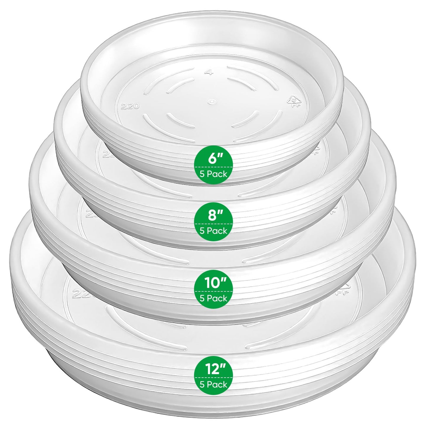 Dovesail 20 Pack Plant Saucer Tray, 6/8 /10/12 inch Heavy Duty Flower Pot Trays, Plastic Plant Saucer for Indoor & Outdoor Plants, Plant Trays to Catch Water, 5 Pieces of Each Size