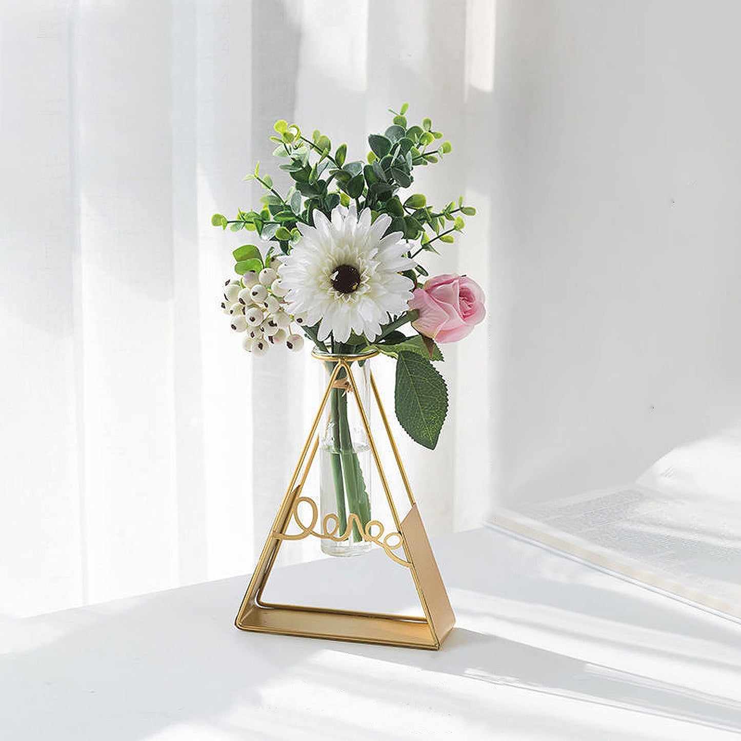 Glass Flower Vase with Metal Frame,Modern Creative Geometric Clear Vase for Flower Centerpieces Decorative,Desktop Hydroponics Vase Plant Terrarium for Home Office Decor (Gold Triangle)