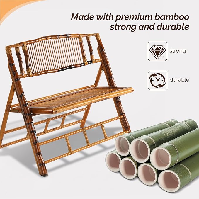 VINGLI Bamboo Rattan Folding Loveseat, Handmade Double Seat Folding Chair