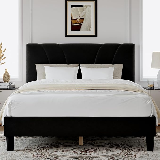 Novilla King Bed Frame and Headboard, King Bed Frame, Velvet Upholstered Bed