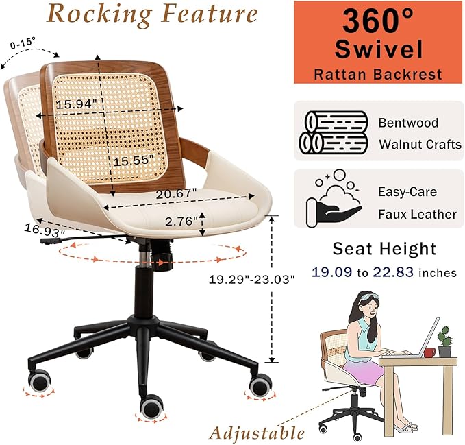 Home Office Desk Chair with Ergonomic Rattan Backrest, Walnut Crafts, Curved