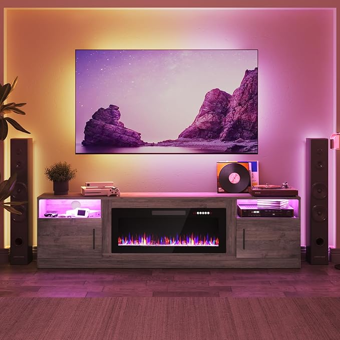 PRETZI Fireplace TV Stand with 36" Fireplace Up to 90" TVs, Remote Control