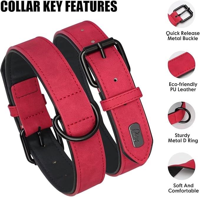 Didog Soft Padded PU Leather Dog Collar, Breathable and Adjustable Red Dog Collars for Medium Dogs, Comfortable for Daily Walk, Red, L Fit Neck 14-18"(22-44 lbs)