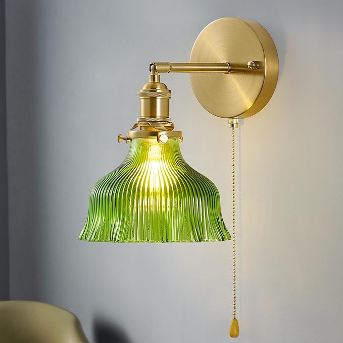 Vintage Wall Sconce 1 Pack, Flower Green Glass Shade Gold Wall Lamp with 12.6 Inch Cable Switch, Modern Bathroom Wall Sconces for Bedroom Corner Hallway
