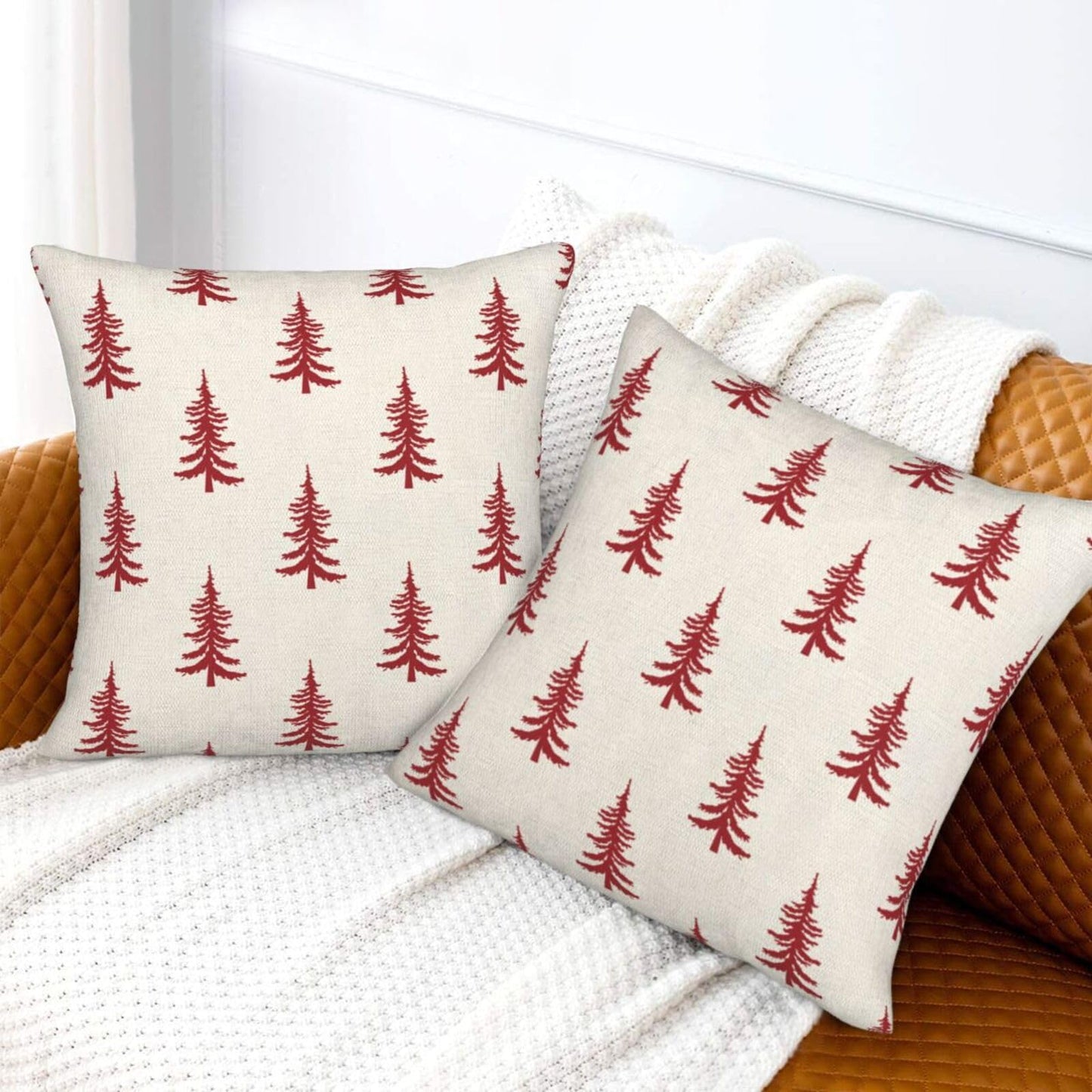 Sunshineyan Christmas Pillow Covers 22 x 22 Inch Set of 2, White Red Chirstmas Tree Decorations Throw Pillow Covers Outdoor Winter Holiday Farmhouse Xmas Cushion Case Linen Square for Home Couch Sofa