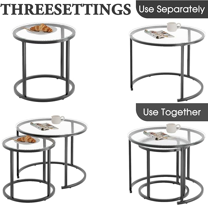 aboxoo Gold Nesting Coffee Table Set of 2, Small Glass Round Nesting Tables